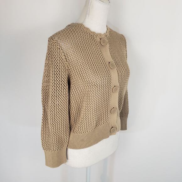 Pointelle Tan Button Up Open Mesh Knit Long Sleeve Crochet Neck Crop Cardigan XL - Picture 4 of 12
